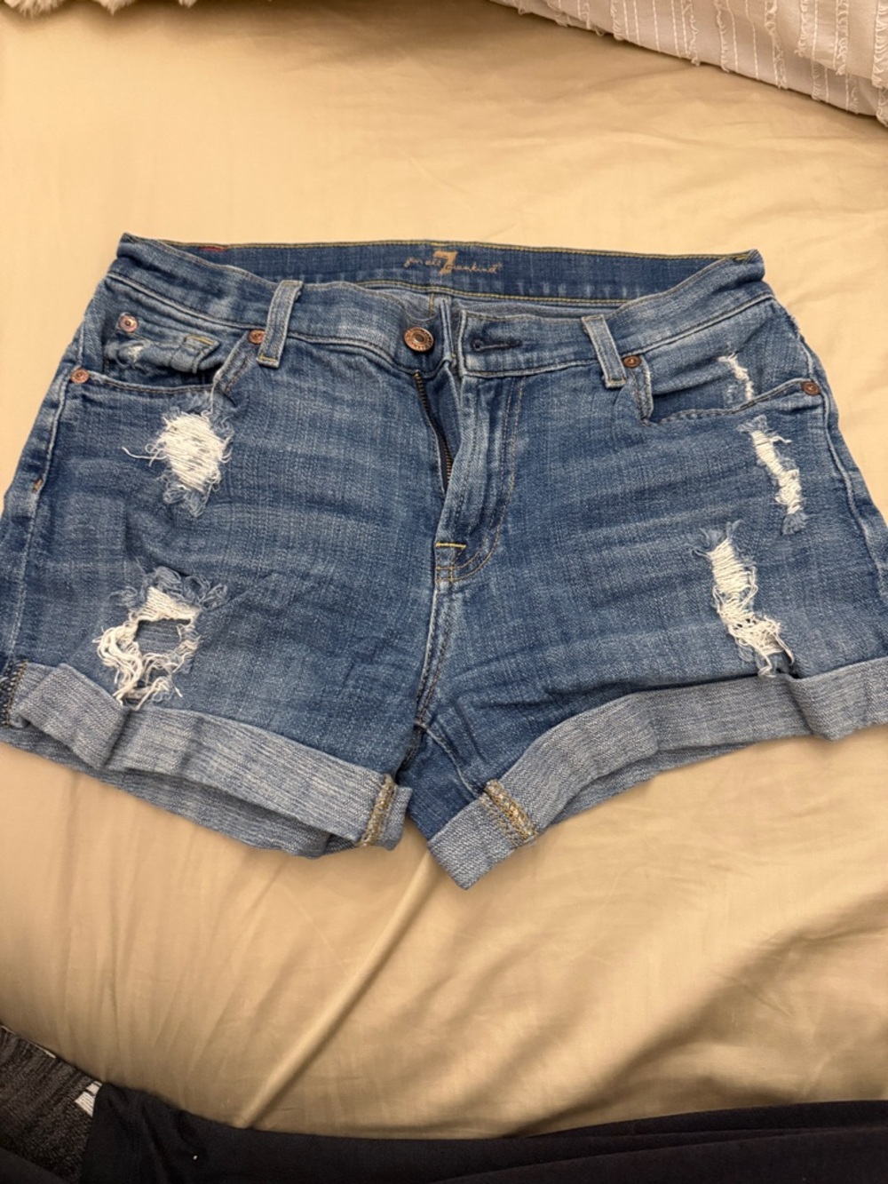 7 For All Mankind Distressed Blue Roll-Cuff Denim Shorts